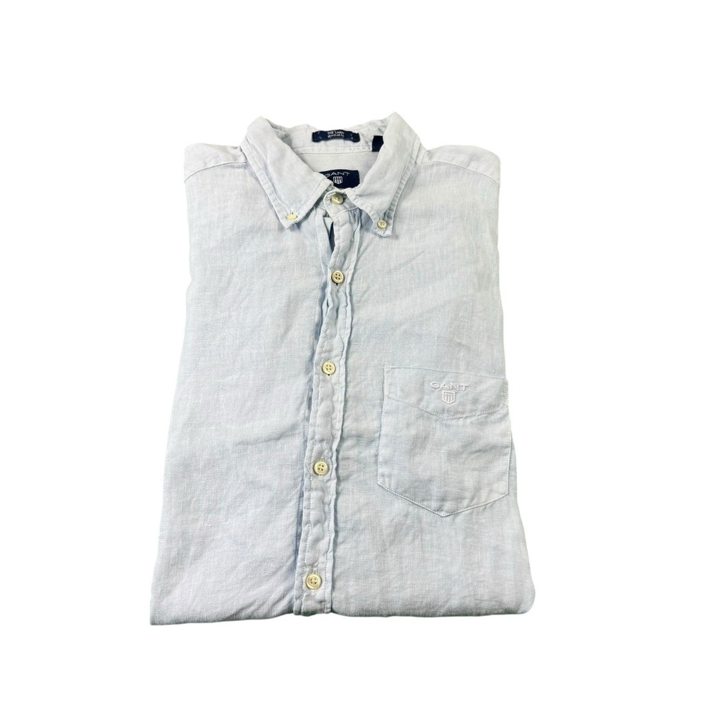 GANT Men Light Blue Linen Short Sleeve Button Front Regular Fit Shirt Size M